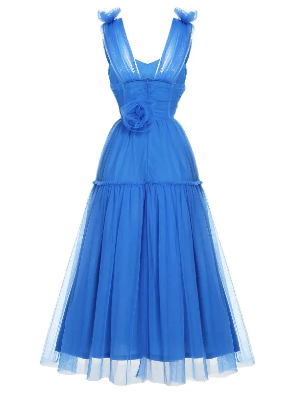 1950S Blue Solid Mesh Sleeveless Dress