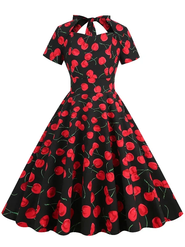 1950s Cherry Sweetheart Short Sleeve Lace Up Dress