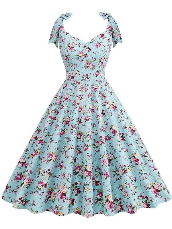 1950s Floral Lace-Up Shoulder V-Neck Swing Dress