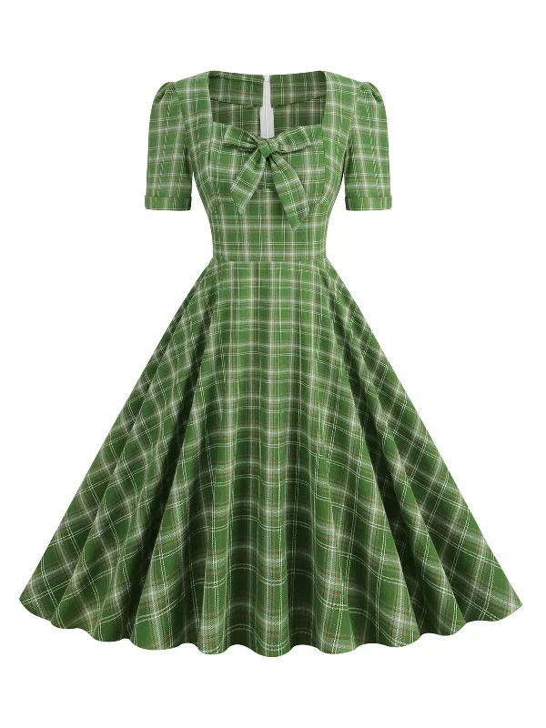 1950s Gingham Plaid Square Neck Flared Dress