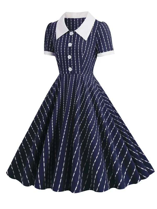 1950s-lapel-vertical-stripes-swing-dress