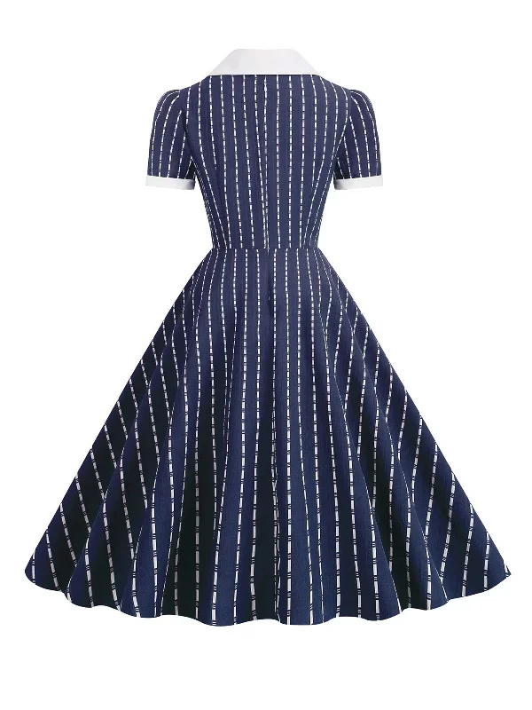 1950s-lapel-vertical-stripes-swing-dress