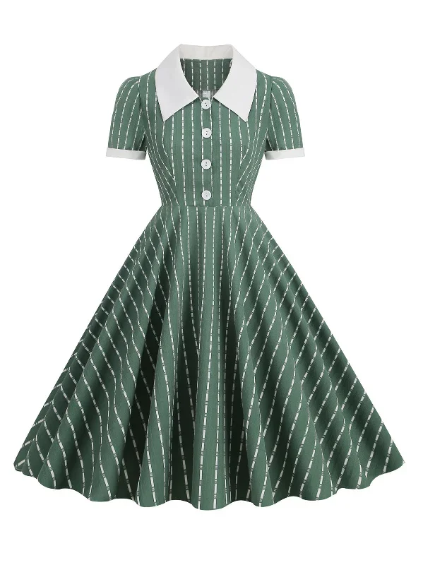 1950s-lapel-vertical-stripes-swing-dress