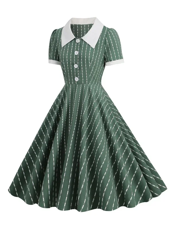 1950s-lapel-vertical-stripes-swing-dress