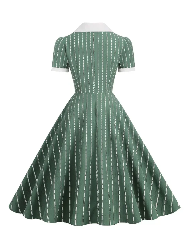 1950s-lapel-vertical-stripes-swing-dress