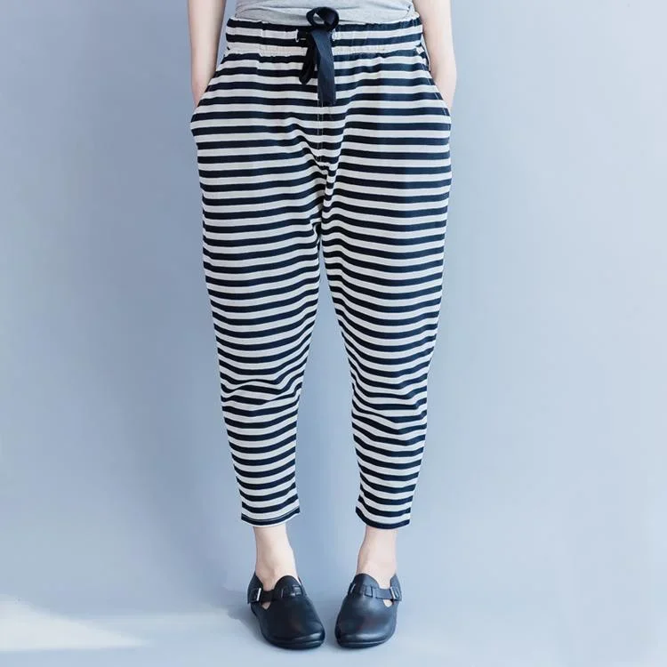 2024 new striped women casual cotton crop pants plus size cotton elastic waist drawstring harem pants