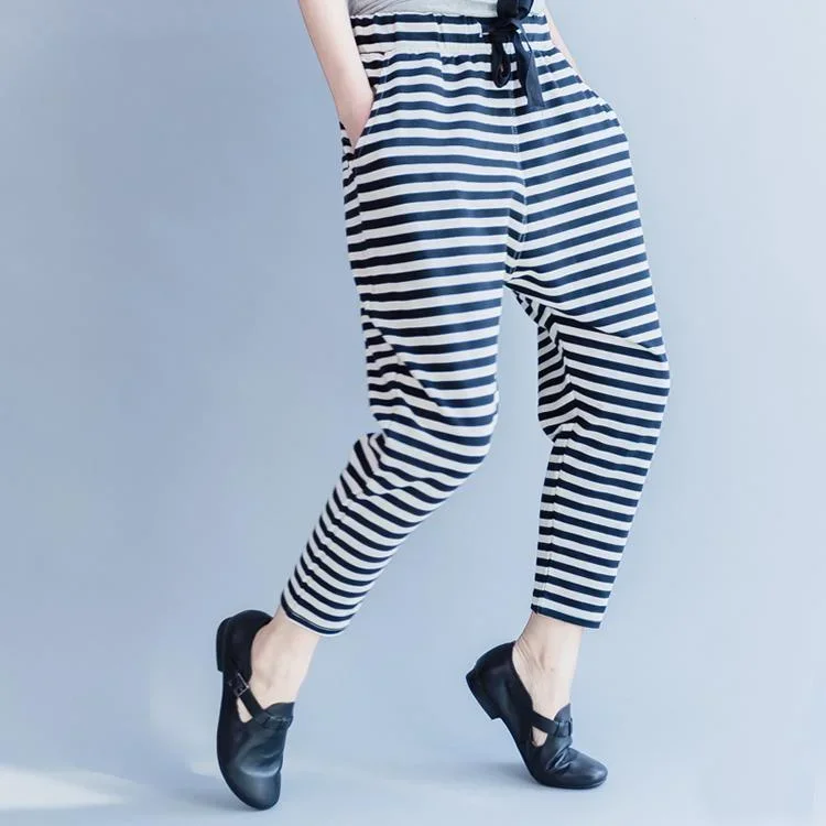 2018-new-striped-women-casual-cotton-crop-pants-plus-size-cotton-elastic-waist-drawstring-harem-pants