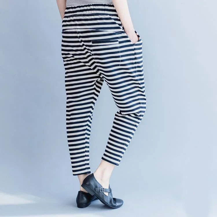 2018-new-striped-women-casual-cotton-crop-pants-plus-size-cotton-elastic-waist-drawstring-harem-pants