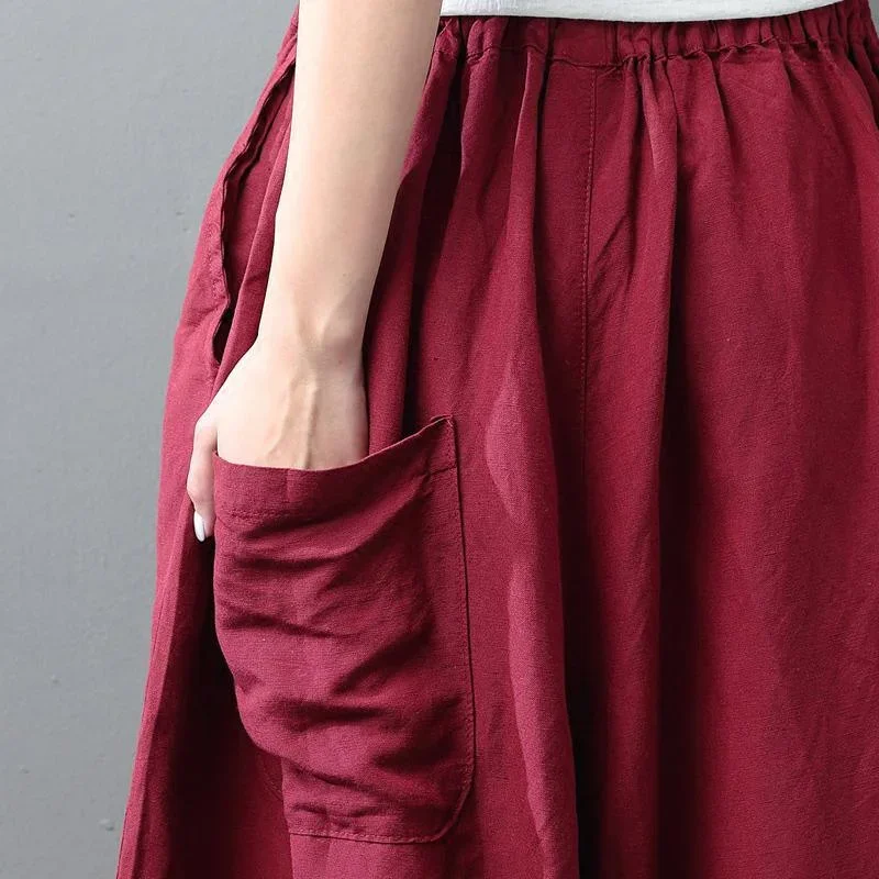 2021-new-burgundy-casual-linen-pant-plus-size-elastic-waist-wide-leg-pants