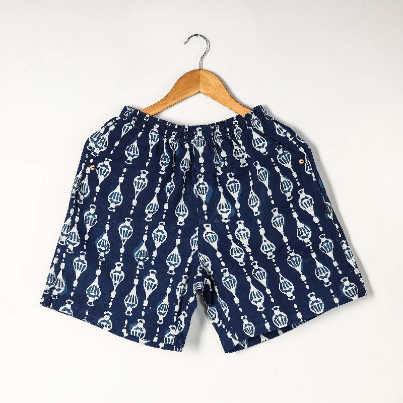 Blue - Indigo Block Printed Cotton Unisex Boxer/Shorts