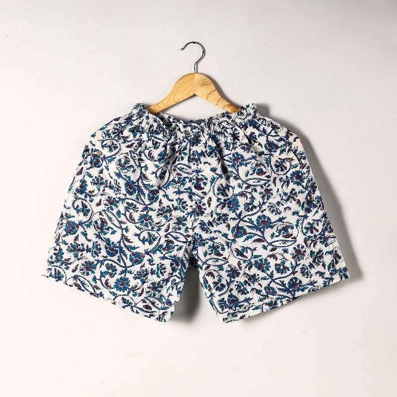 Blue - Sanganeri Block Printed Cotton Unisex Boxer/Shorts