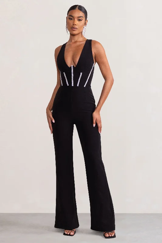 Alison | Black Plunge Corset Jumpsuit With Diamante Trim Detail