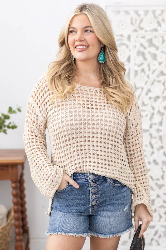 Beige Drop Shoulder Crochet Knit Top