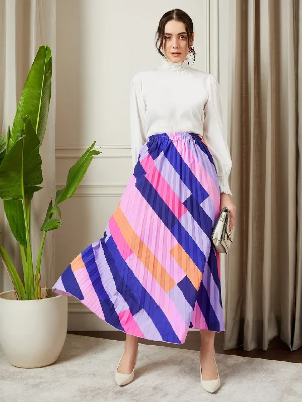 Berrylush BIZwear Women Multicolour Colourblock Printed Elastic High-Rise Waist Straight Hem Pleated A-Line Midi Skirt