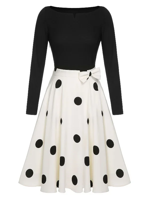 black-1950s-polka-dot-bow-patchwork-knitted-dress