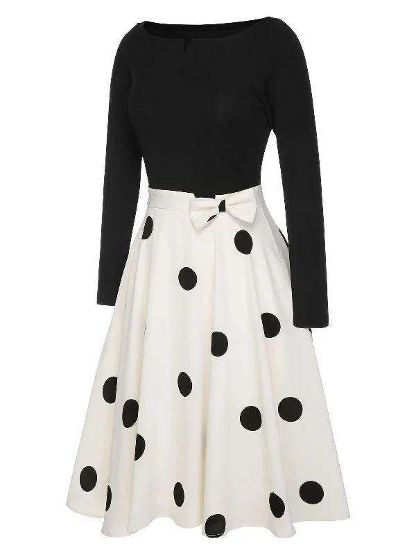 black-1950s-polka-dot-bow-patchwork-knitted-dress