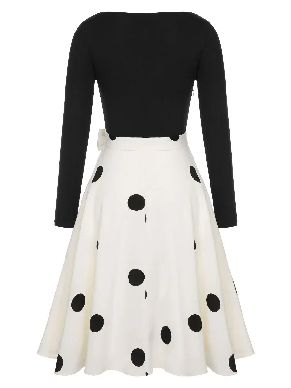 black-1950s-polka-dot-bow-patchwork-knitted-dress