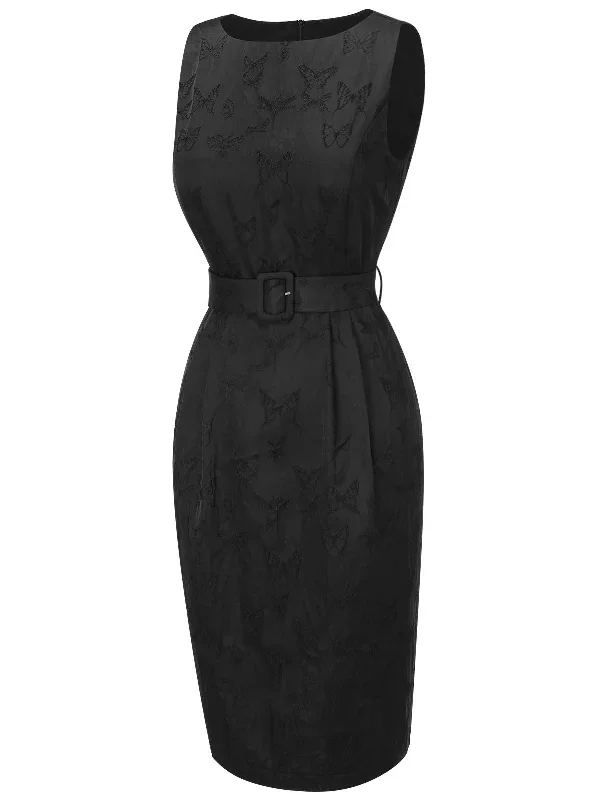 black-1960s-sleeveless-butterflies-belted-solid-dress