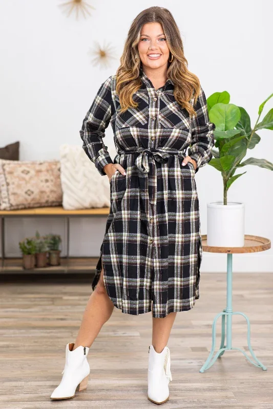 Black and Cream Plaid Self Tie Shirt Dress