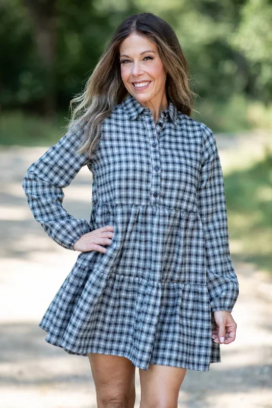 Black and Grey Gingham Long Sleeve Dress