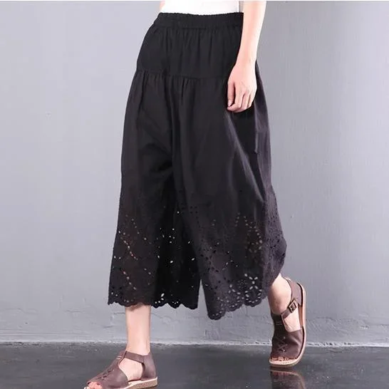 black baggy cotton pants plus size hollow out wide leg pants