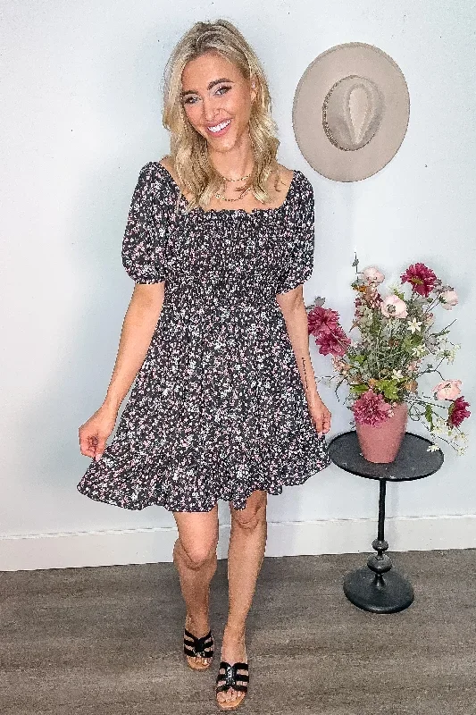 Black Floral With Smocking Dress