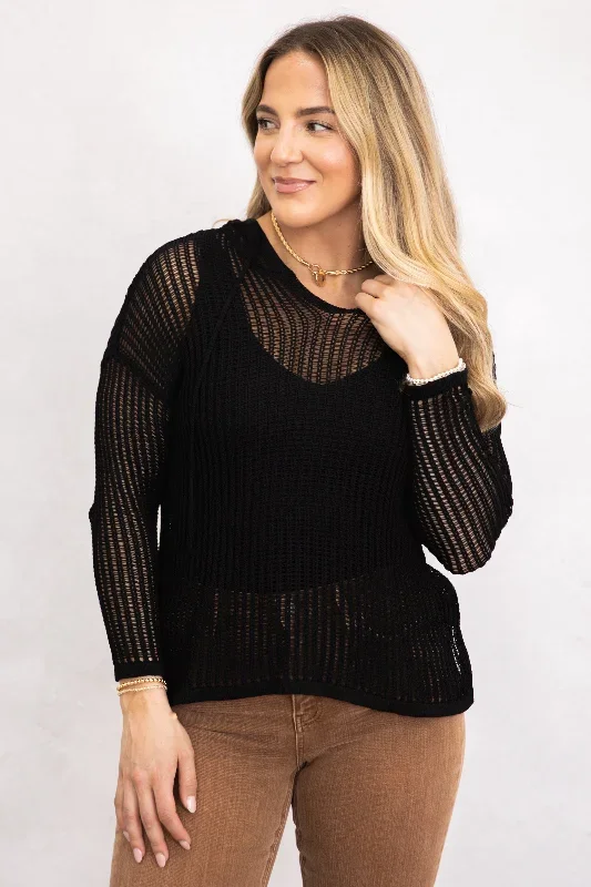 Black Lightweight Crochet Hoodie Tunic Top