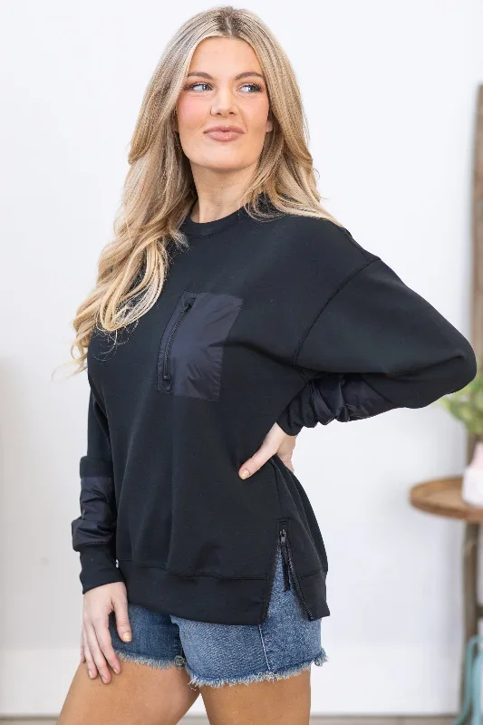 Black Modal Blend Crewneck Pullover Top