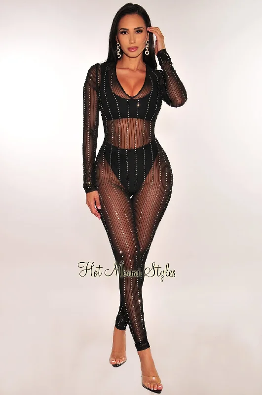 Black Sheer Mesh Silver Rhinestone Long Sleeves Jumpsuit