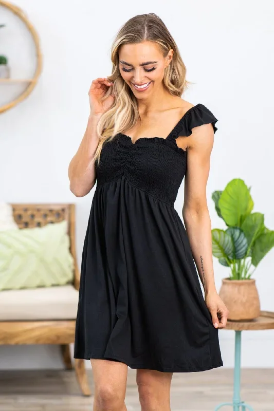 Black Smocked Bodice Sweetheart Neck Dress