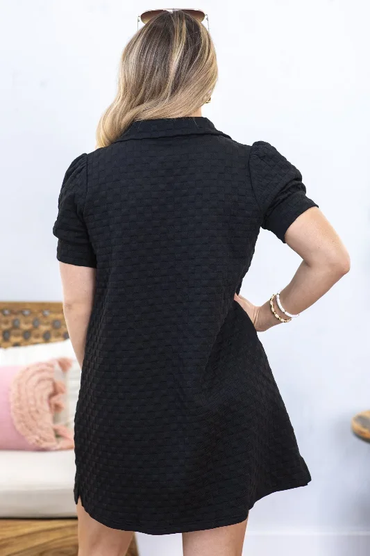 black-textured-puff-short-sleeve-dress