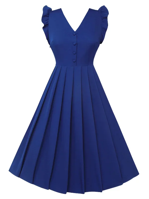 blue-1950s-pleated-ruffles-strap-dress