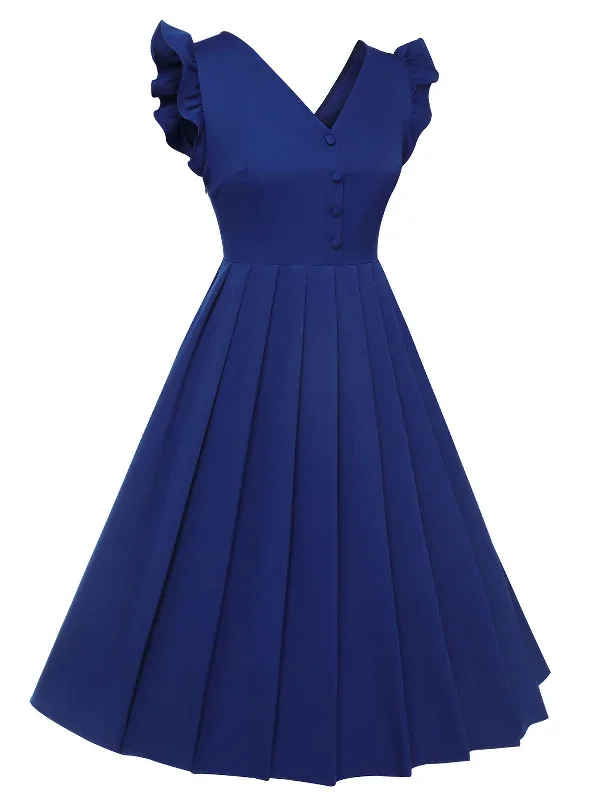 blue-1950s-pleated-ruffles-strap-dress