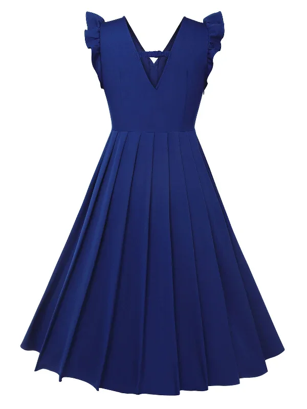 blue-1950s-pleated-ruffles-strap-dress