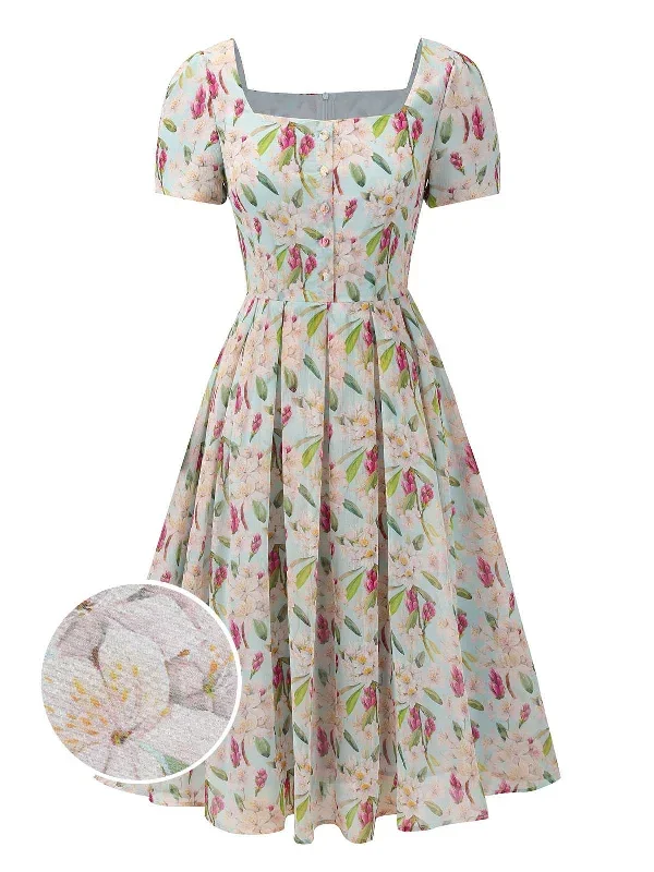 Blue 1950s Square Collar Floral Dress