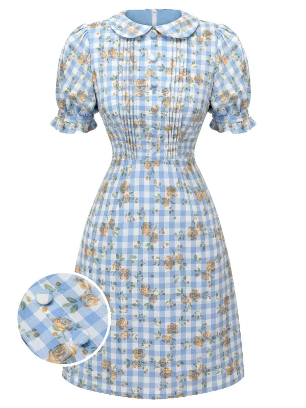 Blue 1960s Puff Sleeve Floral Plaid Dress