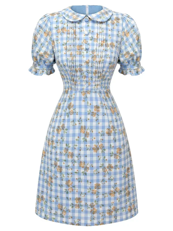 blue-1960s-puff-sleeve-floral-plaid-dress