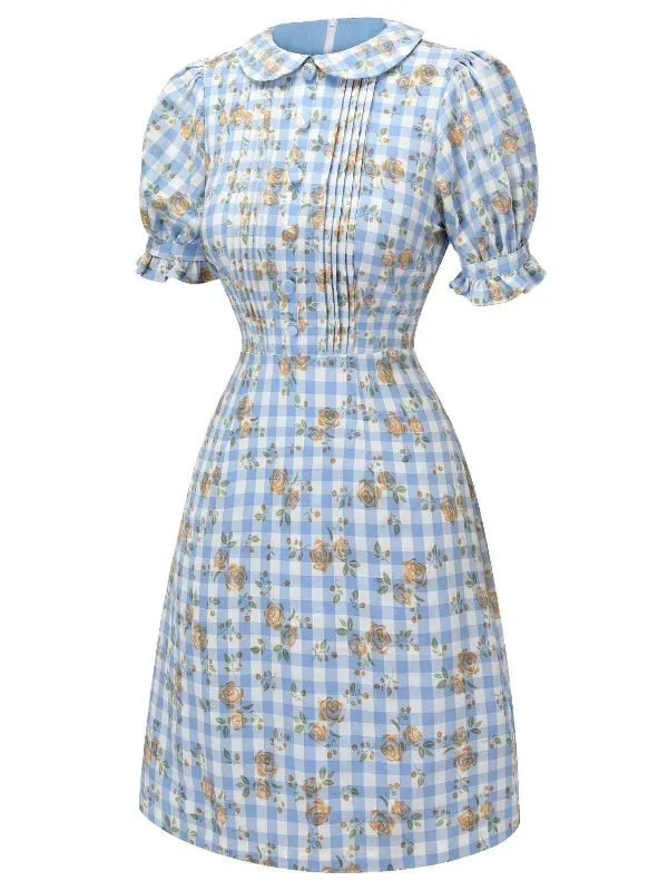 blue-1960s-puff-sleeve-floral-plaid-dress