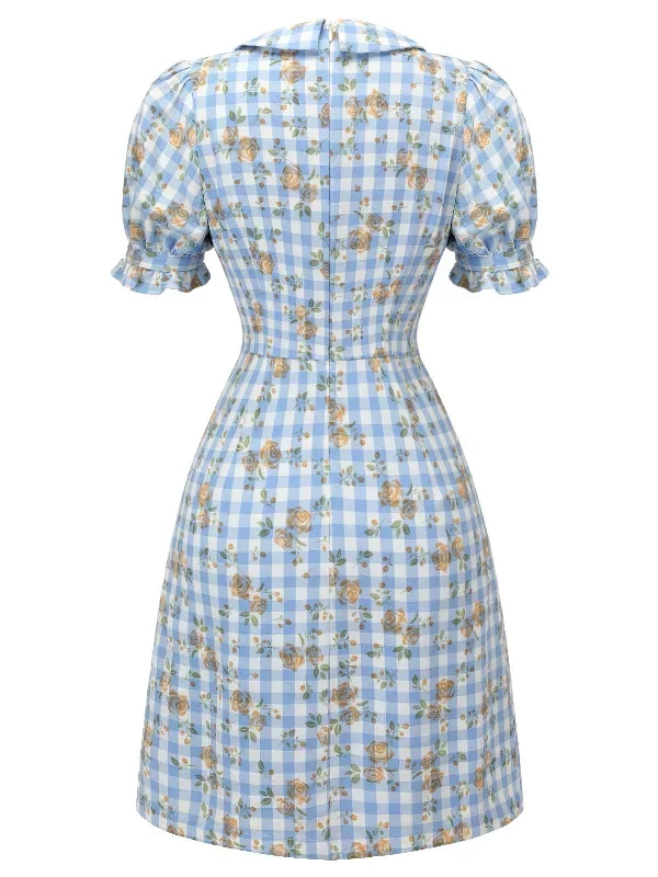 blue-1960s-puff-sleeve-floral-plaid-dress