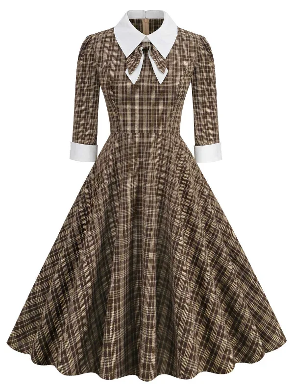 Brown 1950s Lapel Bow Decor Plaids Dress