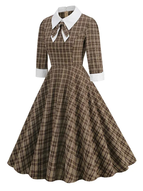 brown-1950s-lapel-bow-decor-plaids-dress