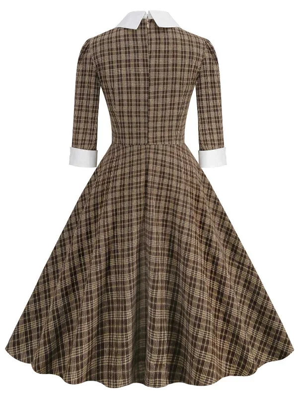 brown-1950s-lapel-bow-decor-plaids-dress