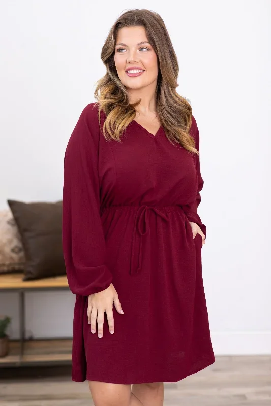 Burgundy Drawstring Waist Dolman Sleeve Dress