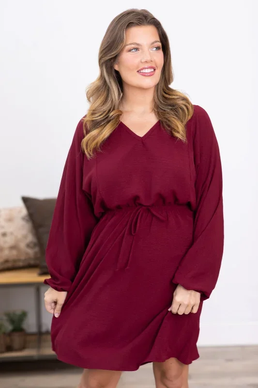 burgundy-drawstring-waist-dolman-sleeve-dress