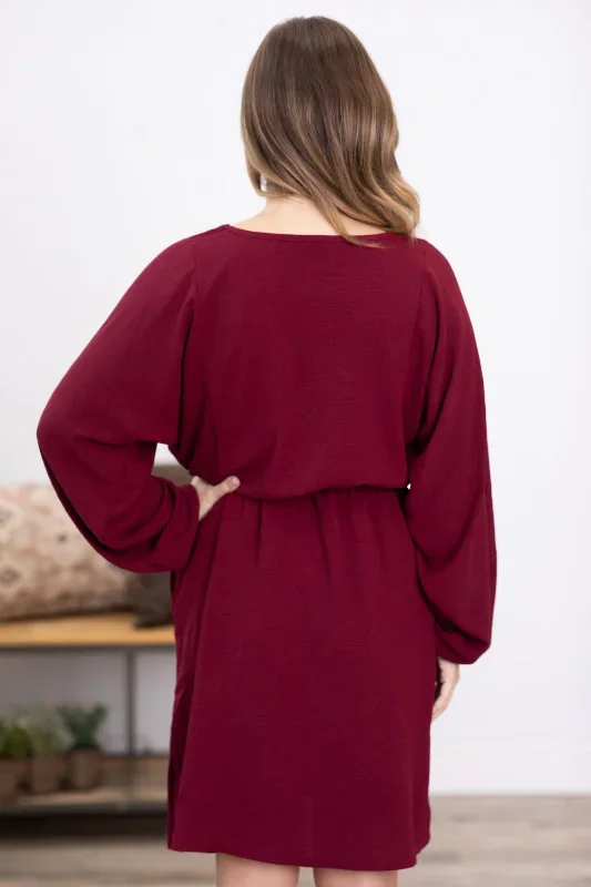 burgundy-drawstring-waist-dolman-sleeve-dress