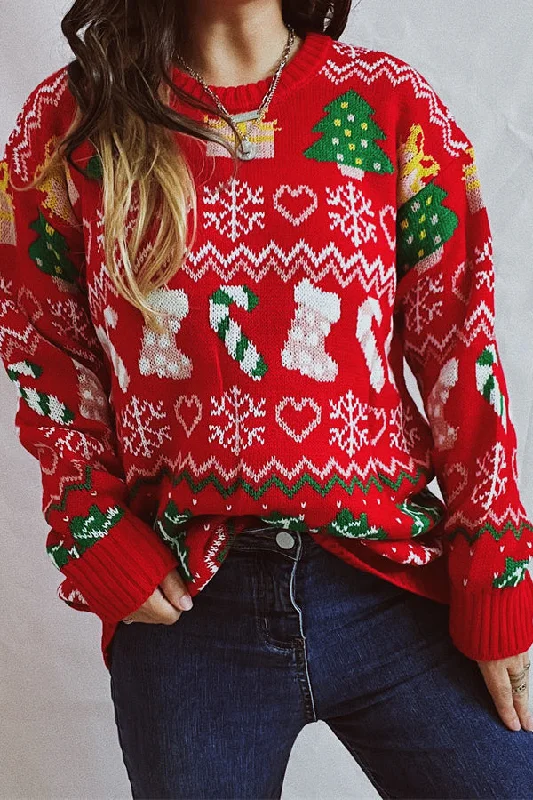 Christmas Pattern Knitted Crew Neck Long Sleeved Sweater