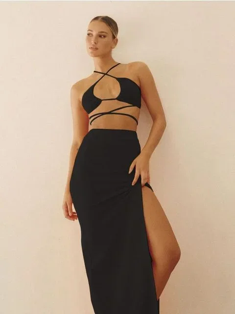 FashionSierra - Bandage Cut Out Sexy Halter Neck Top and Skirts Set