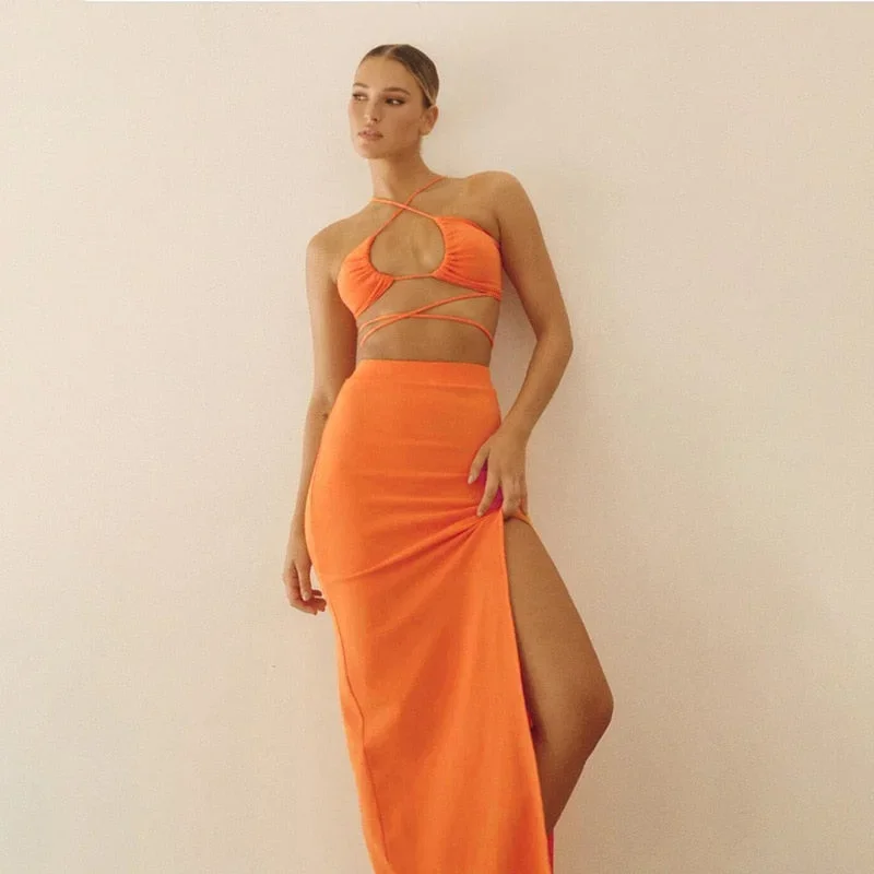 cryptographic-bandage-cut-out-sexy-halter-neck-top-and-skirts-set-gathered-elegant-club-2022-summer-outfits-split-two-piece-set