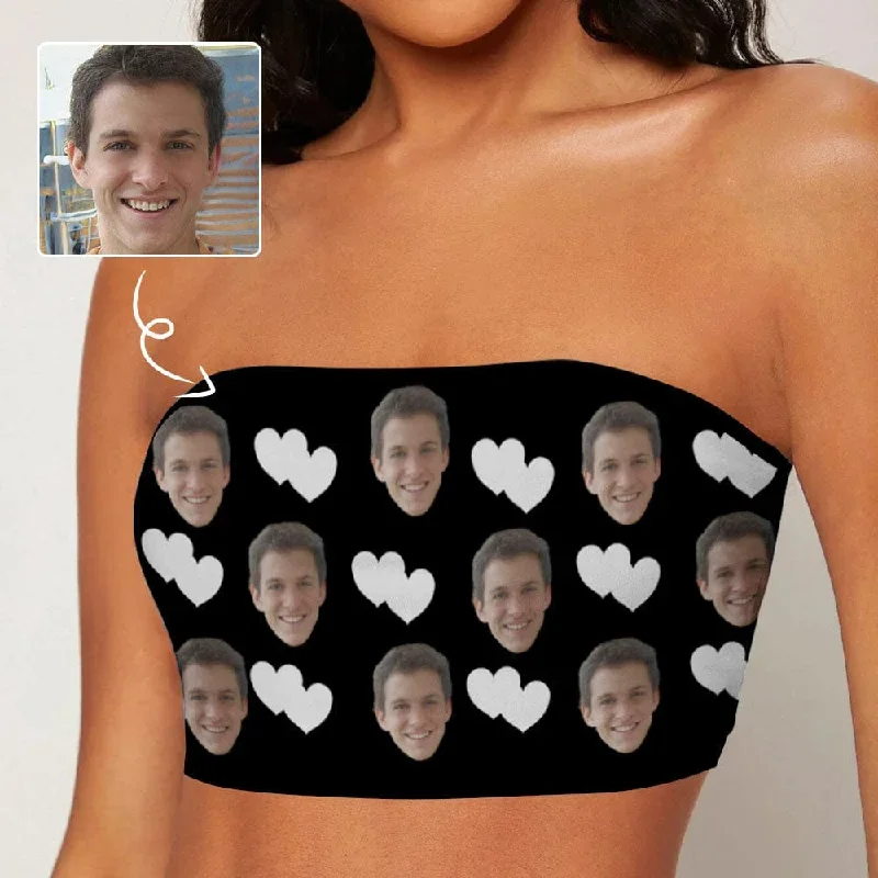 Custom Husband Face White Heart Black Background Crop Top Personalized Women's Tube Top