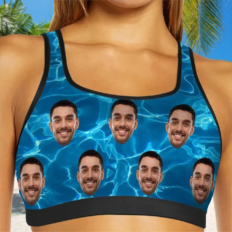 Custom Husband Face Blue Waves Sports Bra Personalized Women's All Over Print Yoga Sports Bra